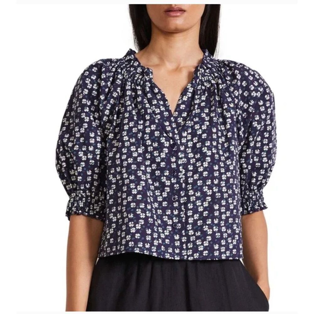 Apiece Apart casa top Large Navy Blue puff sleeve printed